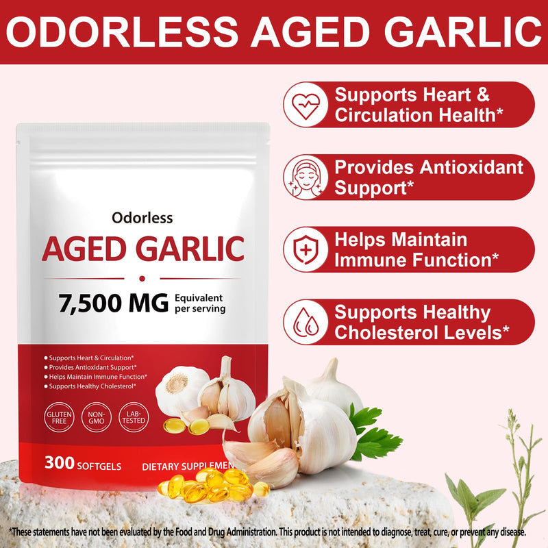 Aged Garlic Extract Capsules 7,500mg Equivalent 300 Softgels, Odourless Aged Garlic 15:1 Concentrate, Garlic Capsules for Daily Support, Non-GMO