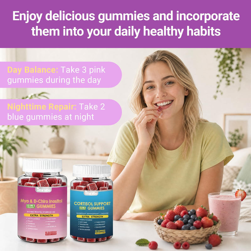 Cortisol and Myo-inositol All-in-One Supplement, 150 Gummies | 13-in-1 Cortisol Reducing Suuplement, D-Chiro Inositol, Magnesium, Ashwagandha, L-Theanine, Supports Sleep, Focus & Stress