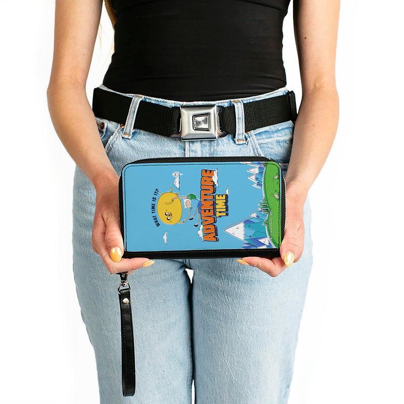 Buckle-Down Adventure Time Vegan Leather Zip Around Wallet | Adventure Time Jake and Finn WHAT TIME IS IT Flying Pose Blue Billfold Credit Card and ID Slots