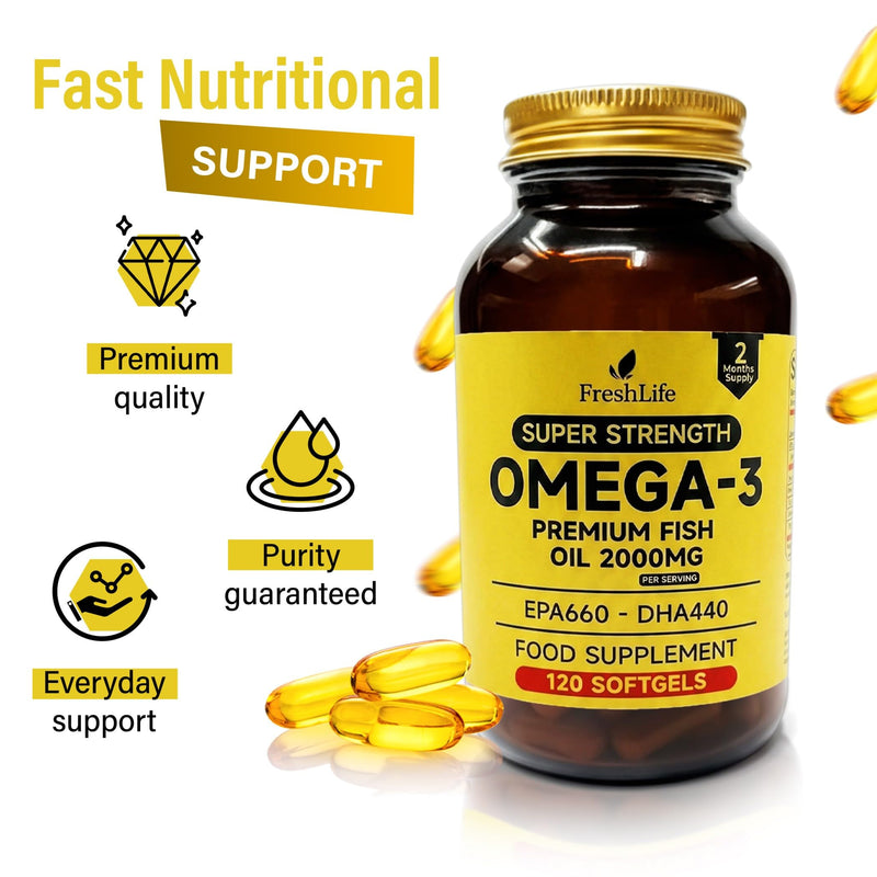 FreshLife Omega-3 Fish Oil – Ultra Pure Super Strength 2000mg – 120 Softgels –Powerful EPA 660mg & DHA 440mg – Everyday Heart, Brain & Vision Care – Premium Food Supplement in Elegant Glass Bottle
