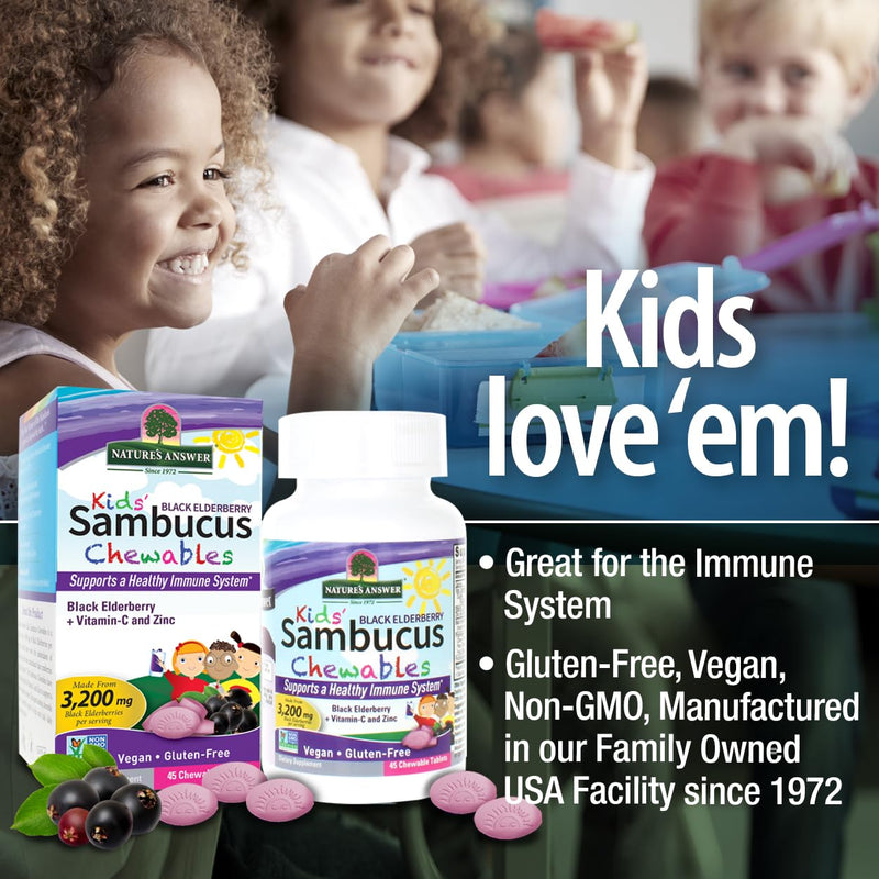 Nature's Answer Kids Sambucus Chewables 3200 mg, 45 Tablets - Black Elderberry with Vitamin C and Zinc - Great Tasting Immune System Support - Vegan, Gluten Free | Black Elderberry with Vitamin C and Zinc, Great Tasting Immune System Support, Vegan, Gl...