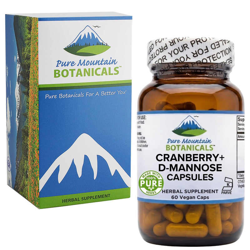 Pure Mountain Botanicals D Mannose with Cranberry Capsules - 60 Count Vegan Kosher - 1000mg D-Mannose for Urinary Tract Health - DMannose 1000mg with Vitamin C for Women and Men