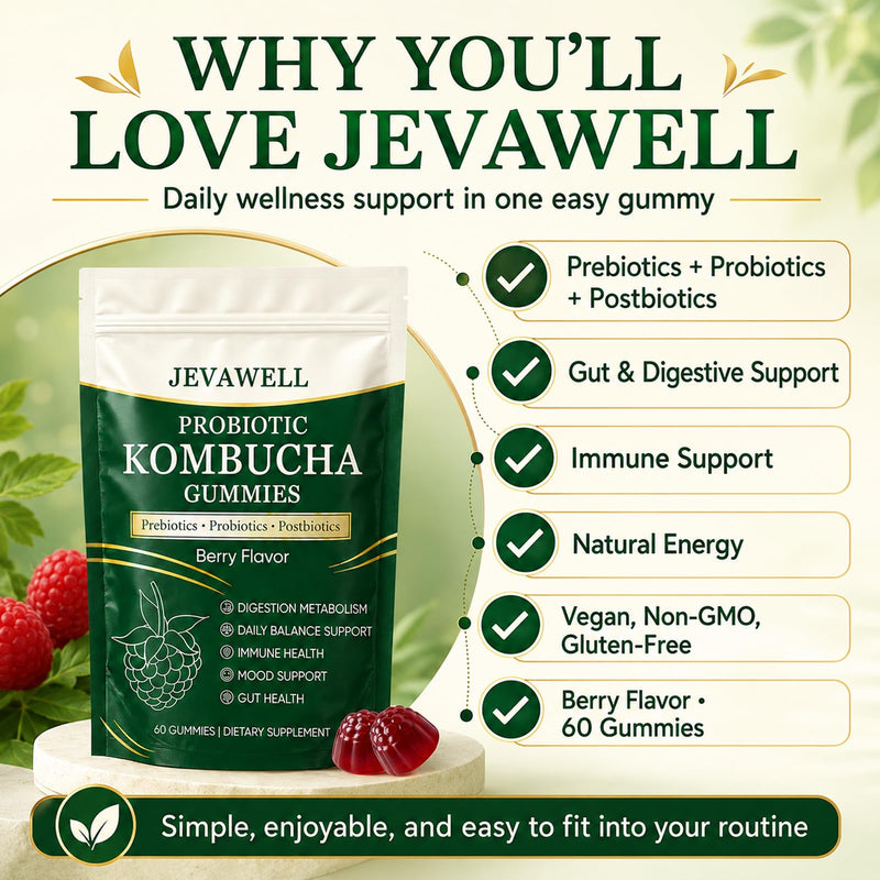 Jevawell Kombucha Gummies, Probiotic Digestive Health Supplement with, Organic Prebiotics, for Gut Health, Immune Boost, and Natural Energy – Vegan, Non-GMO, Gluten-Free, 60 Gummies 1 Ounce (Pack of 1)