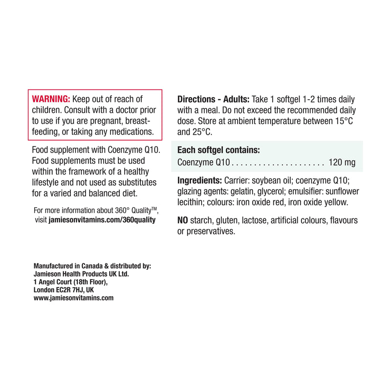 Jamieson CoQ10 120mg, Pure, Ubiquinone, Naturally Fermented, Gluten-Free, Lactose-Free, No Artificial Colours, Flavours or preservatives, 60 Softgels