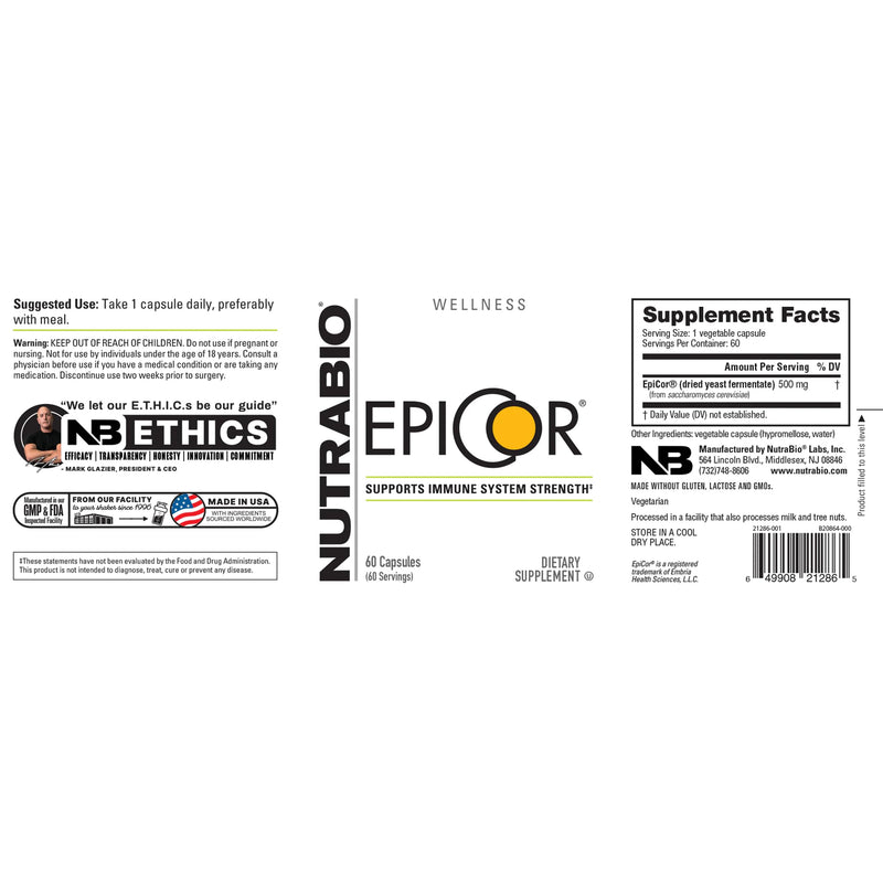 NutraBio Epicor Multi Vitamin, 500mg, 60 Vegetable Capsules | Prebiotic, Antioxidant Support, Independent Lab Tested