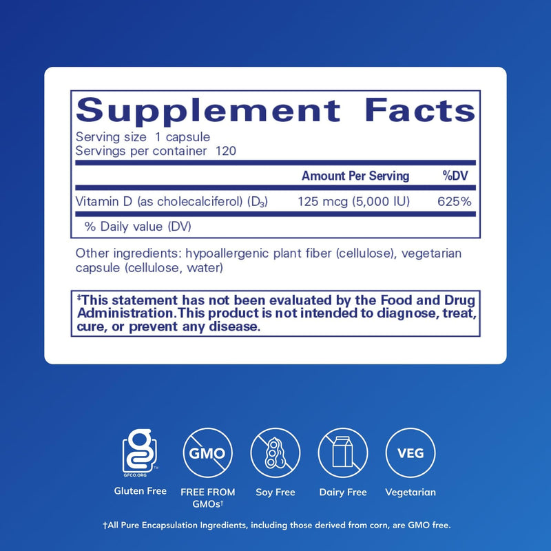 Pure Encapsulations Vitamin D3 125 mcg (5,000 IU) - Supplement to Support Bone, Joint, Breast, Heart, Colon, and Immune Health* - with Vitamin D - 120 Capsules | Supplement to Support Bone, Joint, Breast, Heart, Colon, and Immune Health*, with Vitamin D