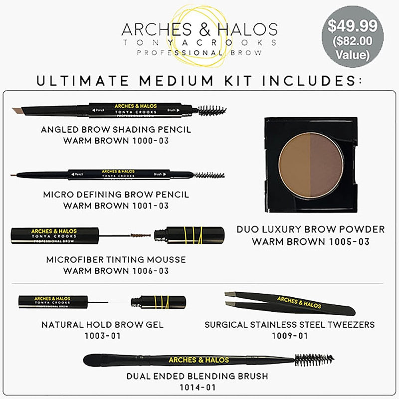 [Australia] - Arches & Halos - Ultimate Brow Hero Kit - Eyebrow Styling Makeup Kit, Pencil, Gel, Shading, Powder, Mousse, Natural and Bold Precise Brow Shaper - Hypoallergenic, Vegan - 7 Pc Kit, Medium 