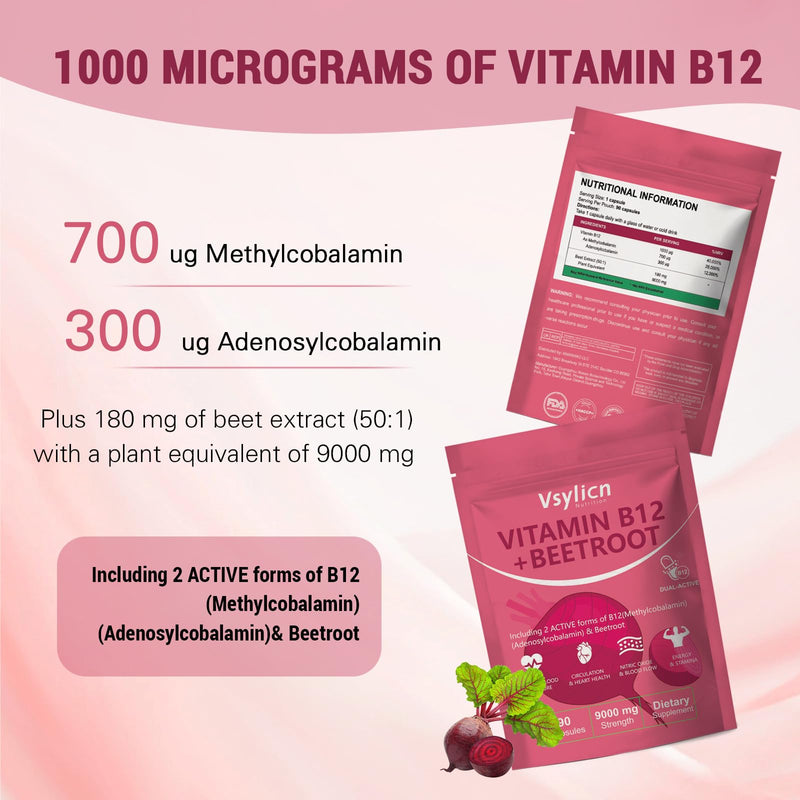9000mg Beetroot Capsules | High Strength Vitamin B12 Complex & Beetroot Extract Supplement | Nitric Oxide Boost, Blood Pressure & Digestion Support | Rich in Vitamins & Minerals | Non-GMO & Vegan