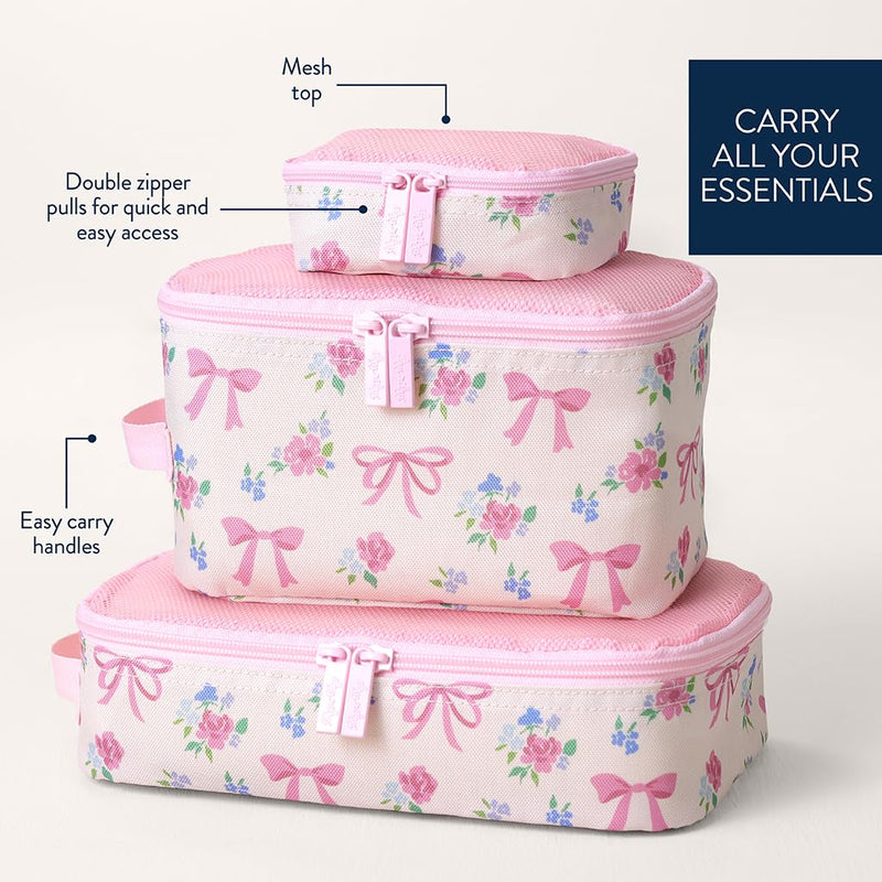Itzy Ritzy Packing Cubes for Travel, Set of 3 Organizers (Ribbons & Roses) | Each Cube Features a Breathable Mesh Top, Smooth Double Zippers, and a Convenient Fabric Handle For Easy Packing and Carrying Ribbons & Roses