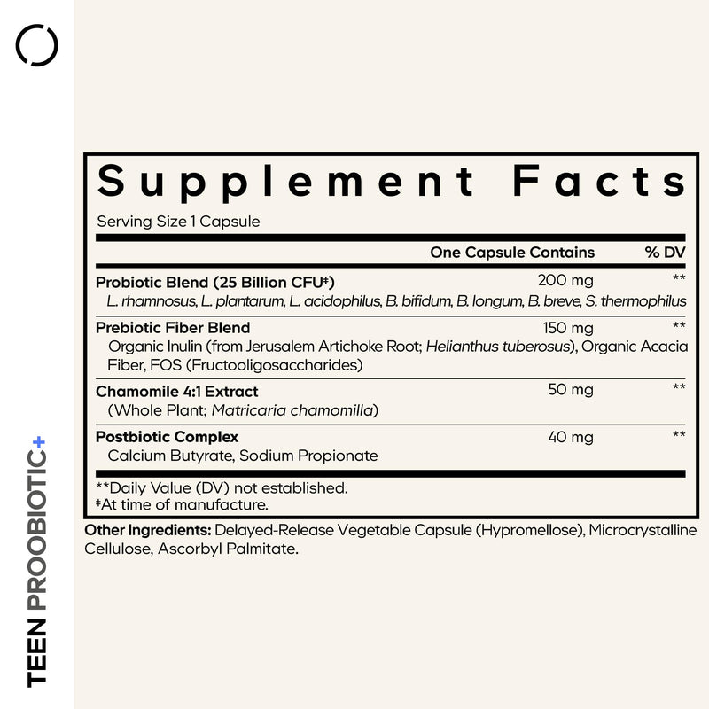 Codeage Teen Probiotic+ Supplement - 25 Billion CFU Probiotic Blend with Prebiotics, Postbiotics & Chamomile - Gut & Digestion Support for Teens and Teenagers 12 & Up - Non-GMO- 30 Capsules