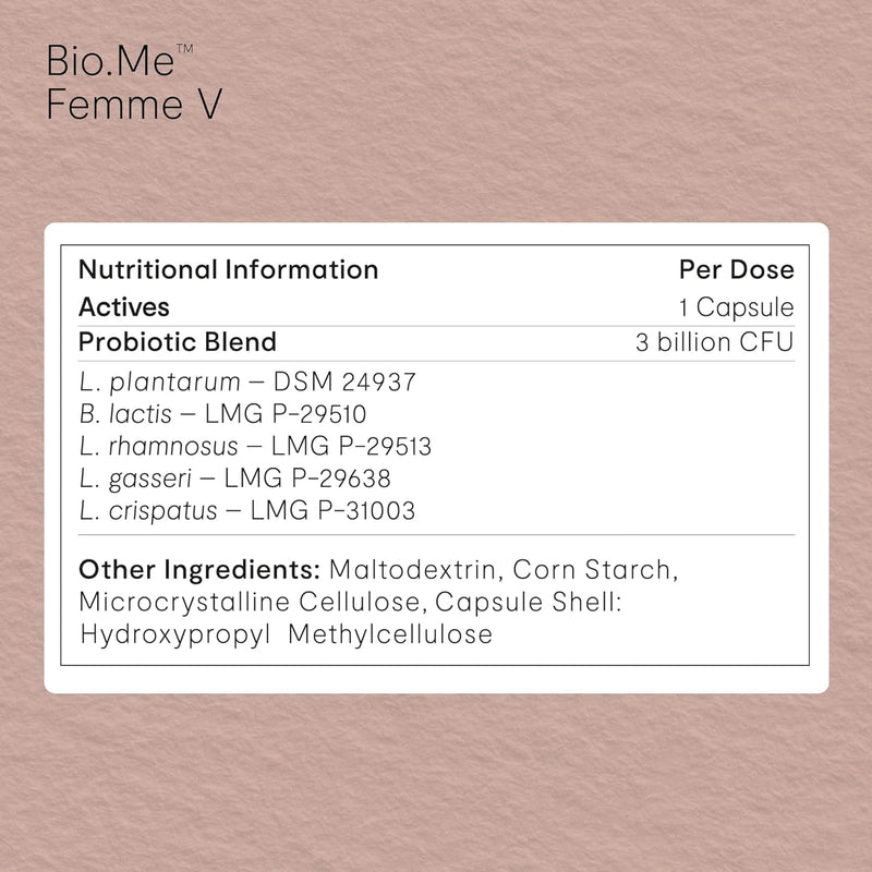 Invivo Bio.Me Femme V - 3 Billion CFU Probiotic Capsule Supplement for Women - Vaginal Probiotic Supplement with 5 Unique Strains of Healthy Bacteria for Microbiome - 60 Capsules