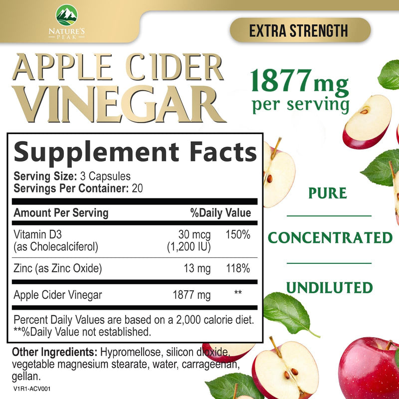 Apple Cider Vinegar 1877mg Per Serving - Vitamin D3, Zinc & Best ACV Supplement Pills Supporting Gut Health for Better Digestion, Immune System Support, Non-GMO Bottled in USA - 60 Capsules 60 Count (Pack of 1)
