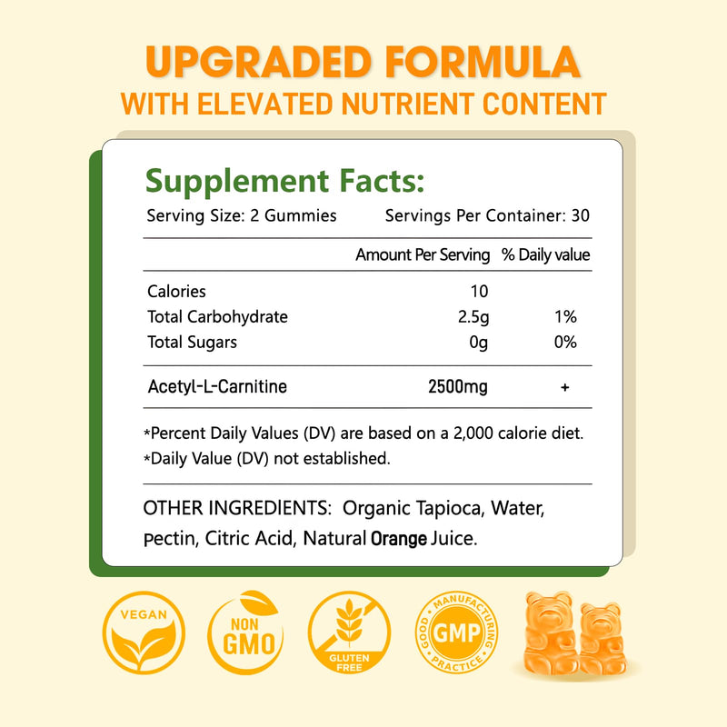 [Australia] - 2 Pack Acetyl L-Carnitine Supplement, Natural Nutrition Supplement for Boost Energy, Immunity, Vegan, Orange Flavor, 120 Count 60 Count (Pack of 2) 