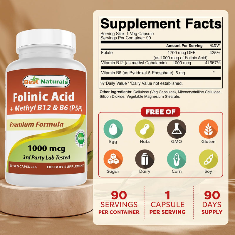 Best Naturals Folinic Acid 1000 mcg with Mehtyl B12 1000 mcg & Vitamin B6 (P5P) 5 mg 90 Veg Capsules