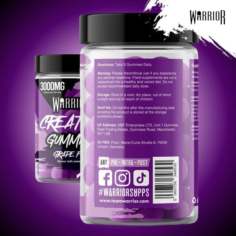 Warrior Creatine Gummies 90 Gummies – 1000mg Each – 30 Day Supply – High Strength Creatine Monohydrate Gummies – Vegan, Sugar Free Chewable Supplement for Strength & Recovery (Grape Fury) Grape Fury