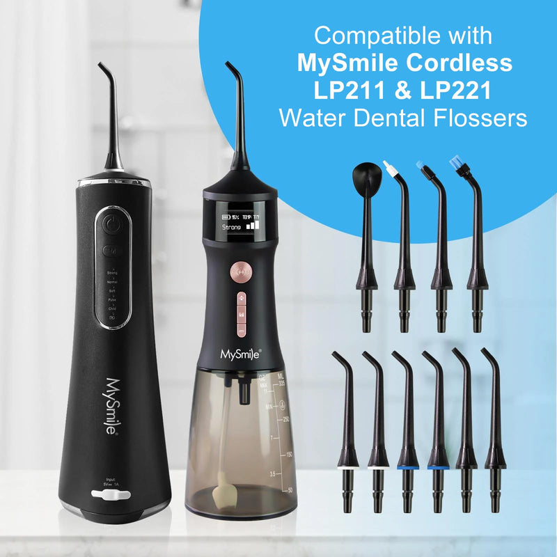 MySmile 10 Pcs Replacement Jet Tips Water Dental Flosser, Oral Irrigator Nozzle Set & Storage Case, Compatible MySmile Cordless Select LP211 and LP221 Black
