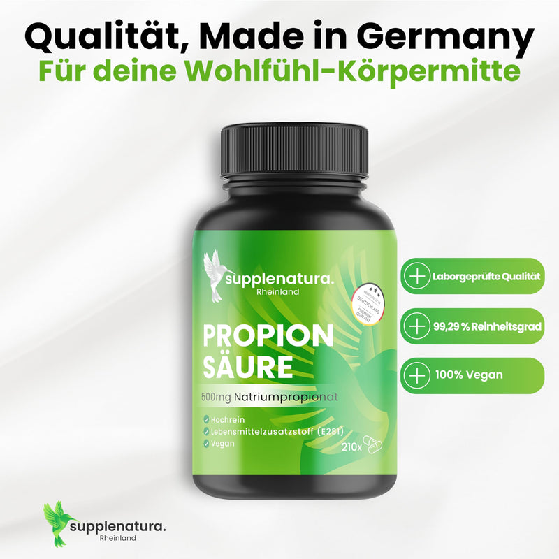[Australia] - Propionic acid - 210 capsules (500mg) - high-purity sodium propionate - laboratory tested - vegan - German production - propionic acid capsules from SUPPLENATURA® neutral in taste 
