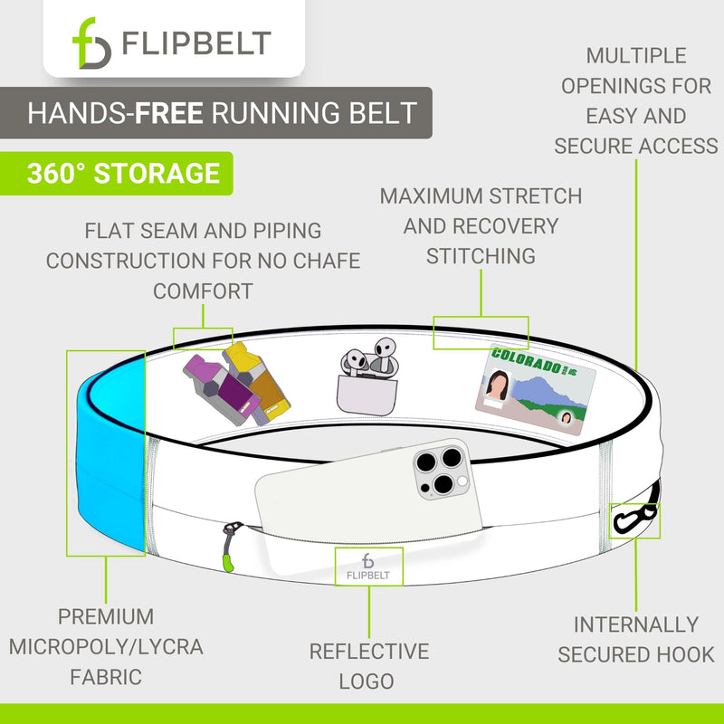 FlipBelt Zipper Running Belt, Waist Pack for Fitness and Running, US Company Medium White