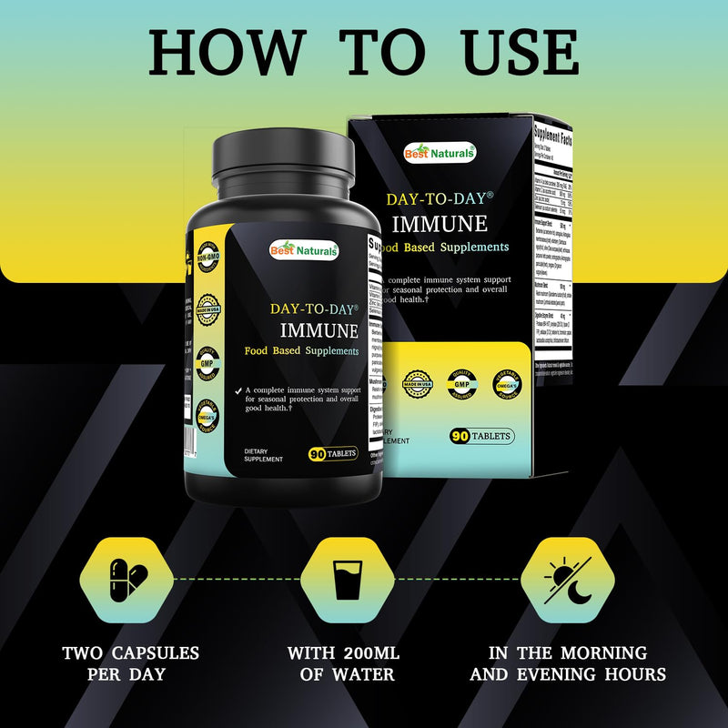 Best Naturals Day-to-Day Immune Food Baded Supplements 90 Tablets - Made in The USA with Mushroom Blend, Digestive Enzyme Blend, Fruit & Vegetable Blend