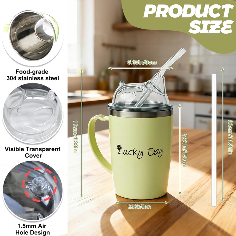 350ml Adult Sippy Cups, 3-in-1 Beakers for Elderly with 30cm Straw and Lid, Anti Choke & Non Spill Elderly Drinking Cup with Handle, Stainless Steel Dysphagia Cups for Disabled Adults Drinking Aids