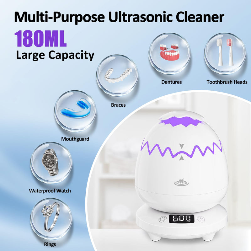 [Australia] - Ultrasonic Retainer Cleaner Machine for Denture, Dental Cleaning Pod with Digital Timer, 45kHz/180ML Waterproof Ultrasonic Denture Cleaners for Aligner, Mouth Guard, Braces, Ring Jewelry Cleaner White 