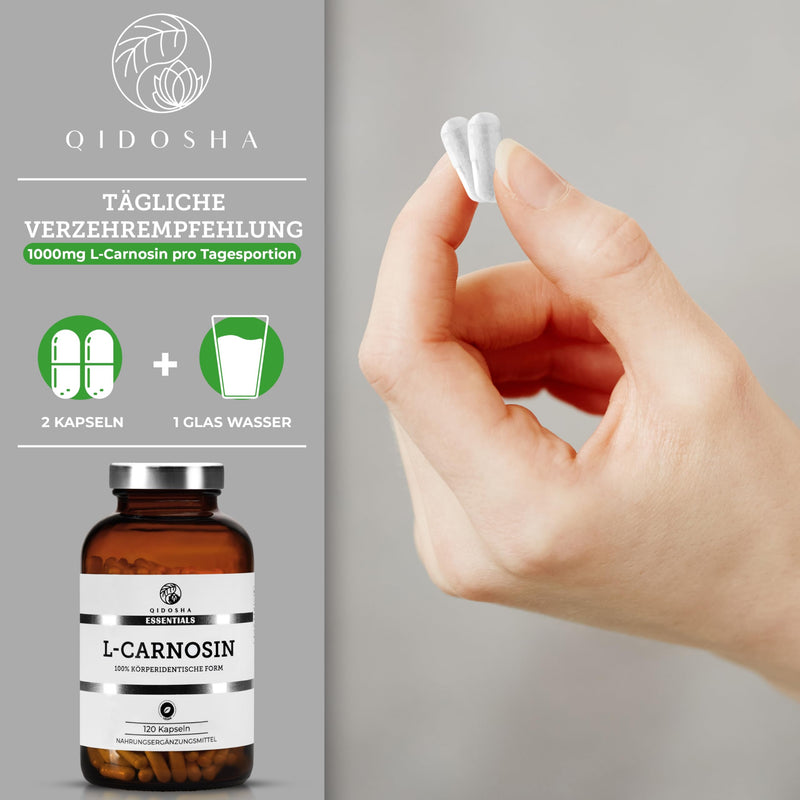 [Australia] - QIDOSHA® L-carnosine capsules high dosage, 120 capsules in a pharmacist jar, 500mg/capsule, vegan, laboratory tested, German production 