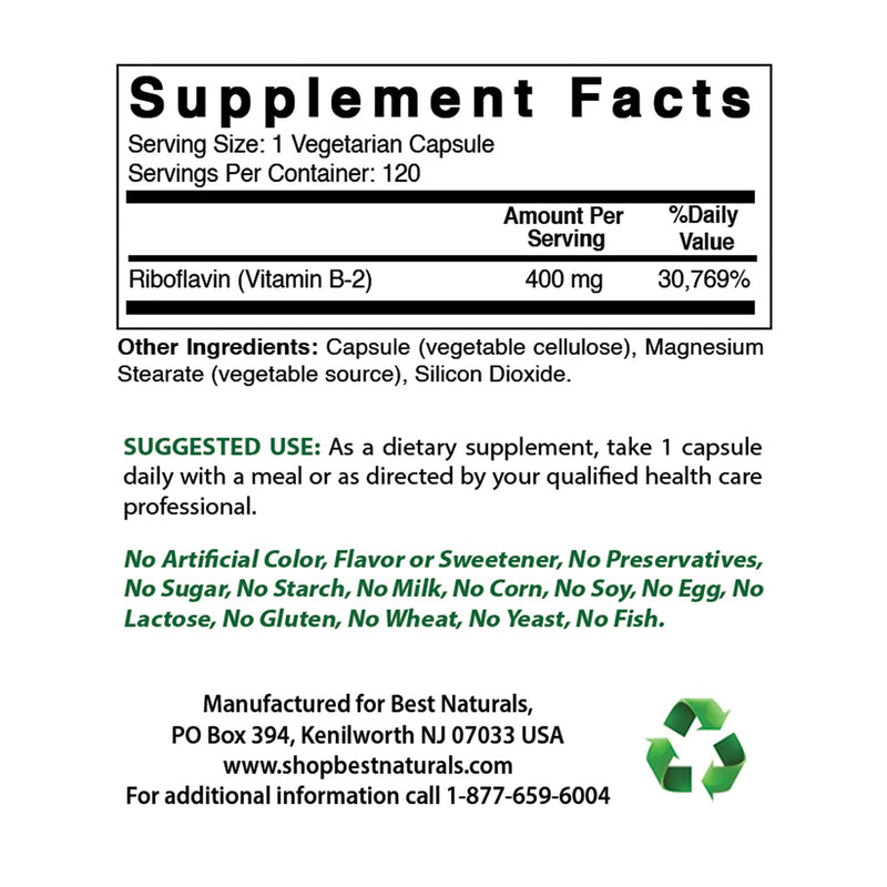 Best Naturals Vitamin B2 (Riboflavin) 400mg & Vitamin B-6 25 Mg