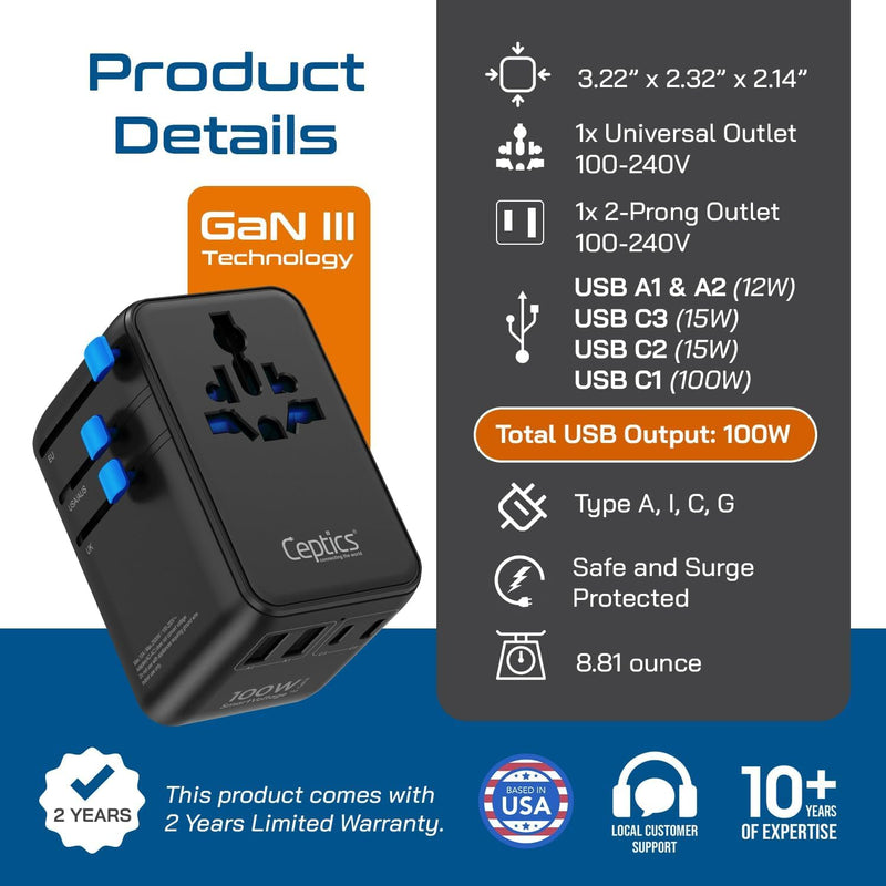 Ceptics GAN 100W Universal Travel Adapter with Retractable USB-C Cable, 2X USB-A & C, Universal Input and 1x USA/JP Input, 7 in 1 Universal Adapter for Worldwide Travel - Type A, C, G, I Output Black/Blue