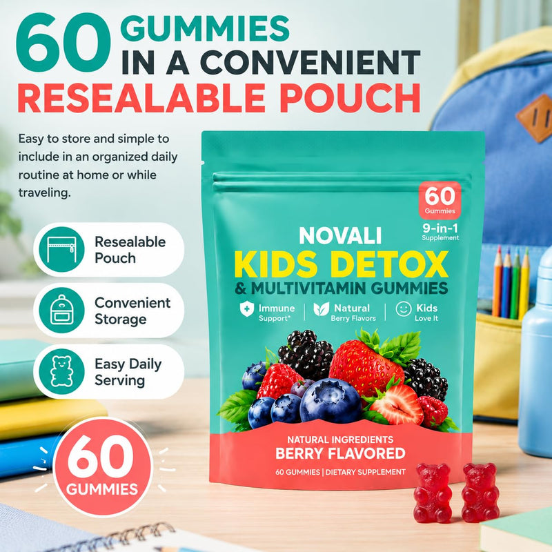 Novali - Kids Detox & Multivitamin Gummies, 9-in-1 with Zeolite, Omega-3, Magnesium, Elderberry, Vitamin D3, Vitamin C, Milk Thistle, Zinc,B12, 60 Gummies