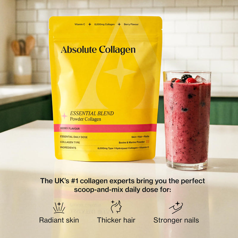 Absolute Collagen Essential Blend Halal Powder Collagen | Berry Flavour | 8000mg Collagen (5000mg Bovine & 3000mg Marine) | 60mg Vitamin C | Supports Hair, Nail & Skin Health | 4 Week Supply