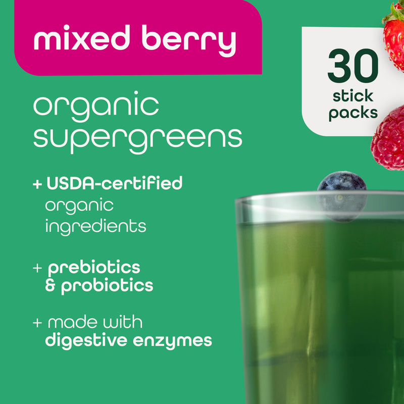 [Australia] - Zena Nutrition Organic Super Greens Powder, 70+ Superfoods, 0 Sugar, 3G Fiber, Spirulina, Chlorella, Antioxidants, Prebiotics/Probiotics, Digestive Enzymes, Mixed Berry, 30 Drink Mix Packets 30 Servings (Pack of 30) 