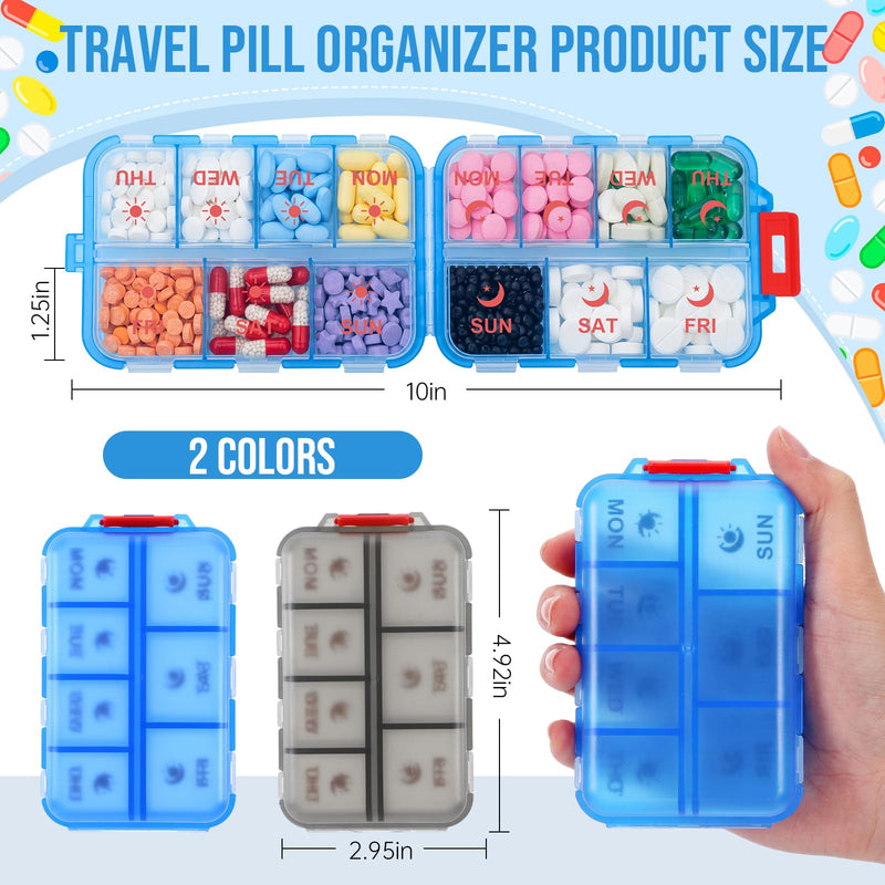 2 Pack Weekly Pill Organizer 2 Times a Day with Label, 14 Compartments Foldable Am Pm 7 Day Week Medicine Box Pocket Portable Daily Travel Pill Case Dispenser for Vitamin Fish Oil Supplement Gray, Blue