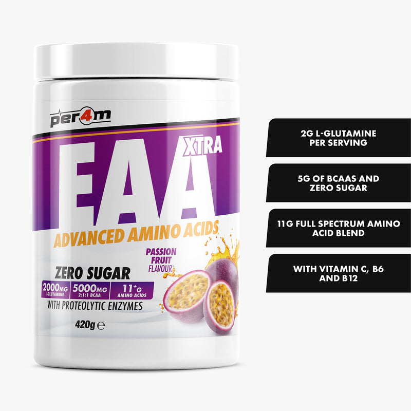 Per4m EAA Xtra/Amino Xtra | 30 Servings of Full Spectrum EAA with Proteolytic Enzymes | Vegan Friendly | Zero Sugar Amino Acid (420g, Passionfruit)
