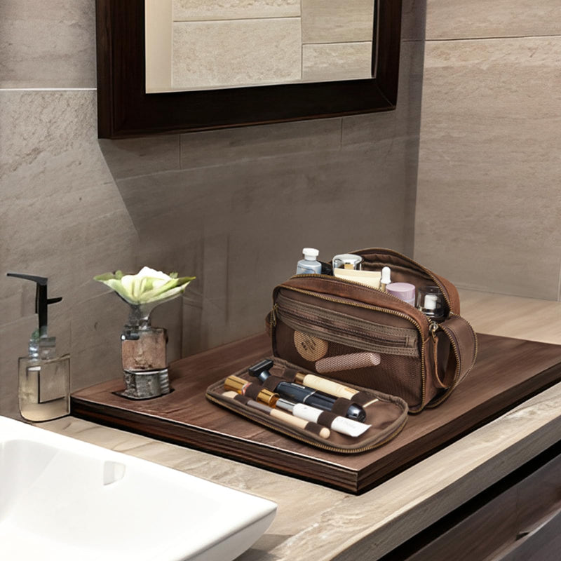 S-ZONE Leather Travel Toiletry Bag for Men Women Cosmetic Shaving Bags | Vintage Top Grain Leather, Multi Compartments, Bronze Hardware, Compact Dopp Kit Dark Brown