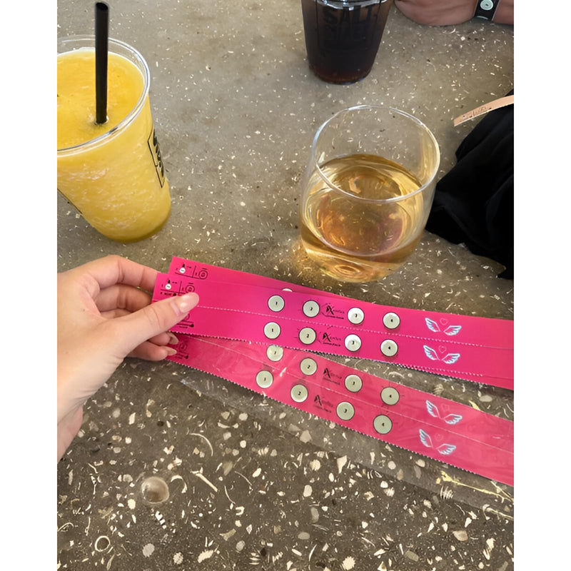 Drink Check Wristband Roofie Test by Xantus | Spiked Drink Wristband Tester Detects GHB Within 10 Seconds Test Your Drink | Spiking Protection Detector Made in USA | (2 Pink Wristbands 8 Tests) 2 Pack