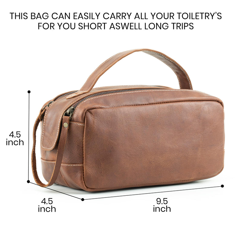 Leather Toiletry Bag for Men - Genuine Full Grain Leather Dopp Kit “Golden Oak” - Large Travel Shaving Kit Organizer Grooming Bag
