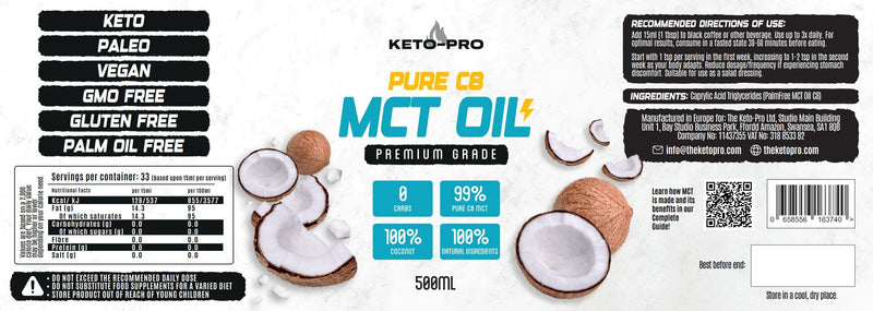 Keto-Pro MCT Oil C8 500ml | World's Highest Purity 99.9% C8 MCT Oil | Suitable for Paleo & Vegan Diet Requirements | Gluten Free | Pure Caprylic Acid | Triple Distilled Extraction