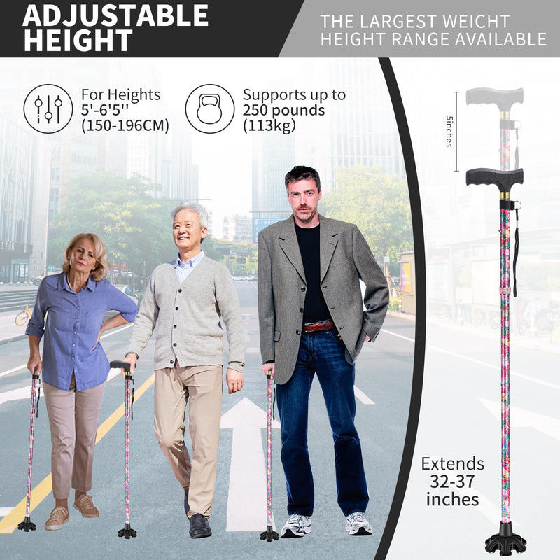 [Australia] - Walking Cane ATMTV Cane for Woman | Mobility & Daily Living Aids | 5-Level Height Adjustable Walking Stick | Comfortable Plastic T-Handle Portable Folding Cane with Replace Tip Purple Flower A-Cane Pink Printing 
