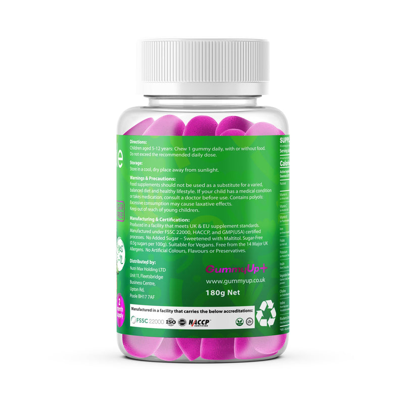 Kids 11-in-1 Vegetable Gummies | Daily Veg + Fibre | 2-Month Supply | Ages 5–12 | Sugar-Free Vegan | with Vitamins & Minerals | GummyUp+
