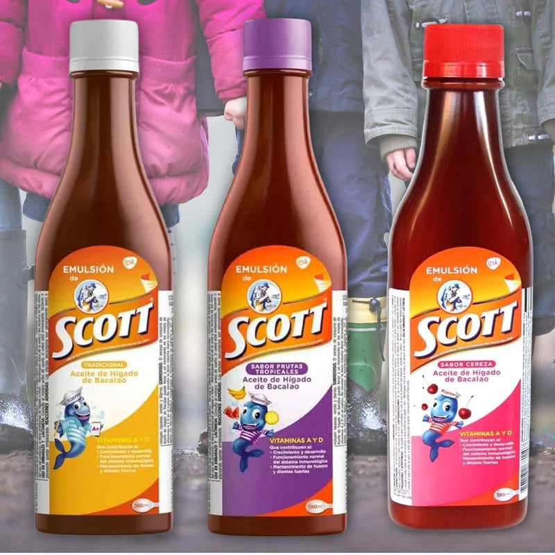 Emulsion de Scott Aceite de hígado de bacalao sabor Frutas Tropicales Pack de 2 de 6.1 fl oz - 180 ml - Suplemento dietético para niños con vitamina A y Calcio -