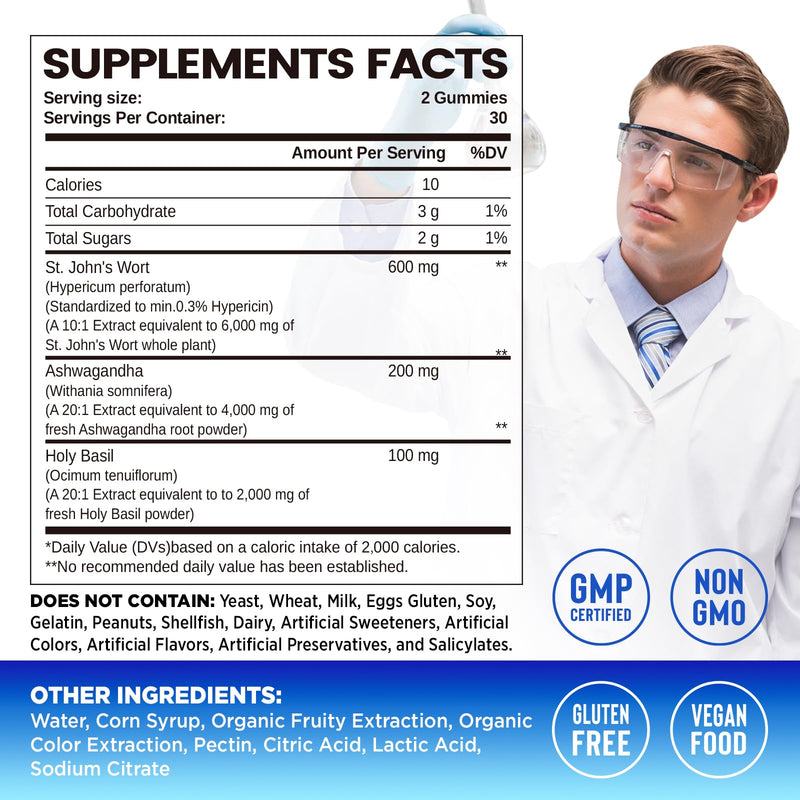 [Australia] - St John's Wort Gummies 600mg, with Ashwagandha & Holy Basil Extract for Adults & Kids, 3 in 1 Organic Herbal Supplements for Stress Relief, Nervous System Support, Non-GMO, Vegan, 60 ct. 