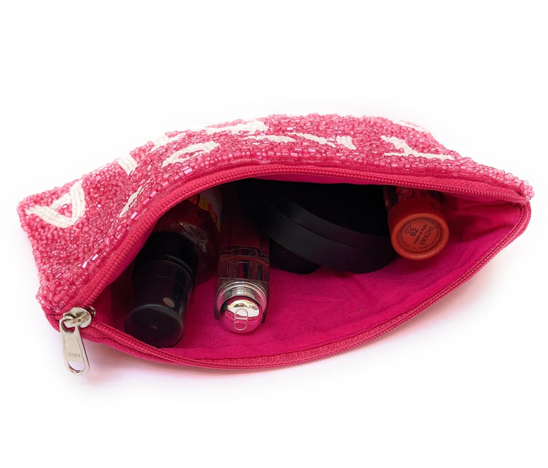 Twine and Love TACOS AND TEQUILA Large Beaded Pouch, Beaded Purse, Make Up Purse, Beaded Pouches, Birthday Best Friend Gift, Cosmetic Bag, Tacos and Tequila Beaded Pouch, Pink