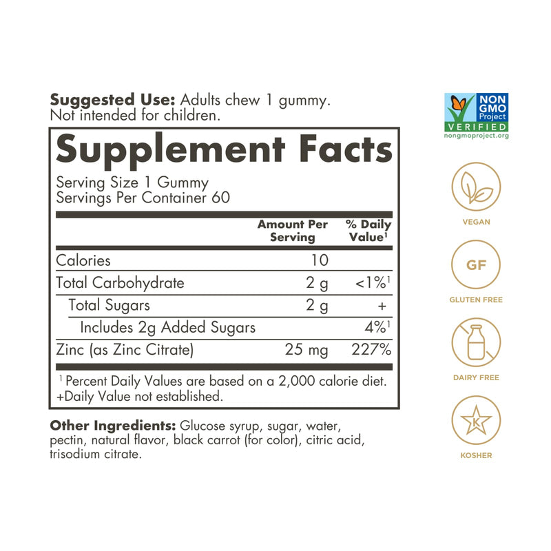 Solgar Zinc Gummies Adult Vitamin, 60 Servings - Mixed Fruit Flavor