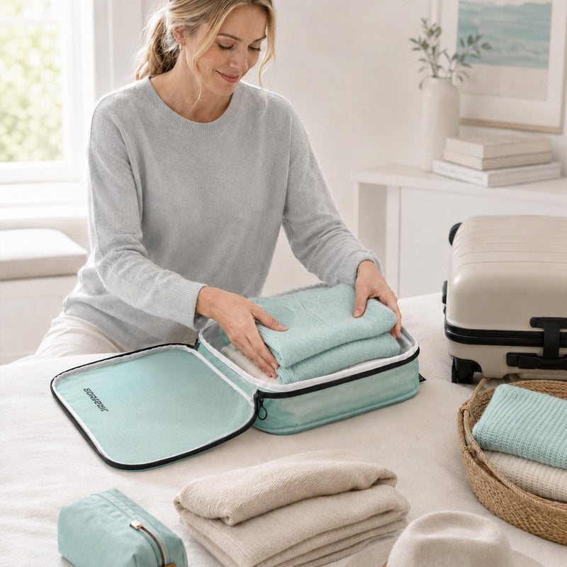 4 Pack Ultralight Compression Packing Cubes for Travel, Cyan | 100D Composite Nylon, Translucent Design, Water Repellent and Tear-resistant, Odor and Dust Protection, Compression Reliable 4 Pack
