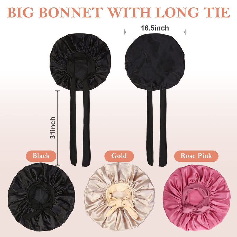 [Australia] - 3Pcs Bonnet for Sleeping, Extra Satin Silk Bonnet for Sleeping Women with Tie Band for Curly Hair Jumbo Bonnet Braids A-01-rose pink, black, champagne 