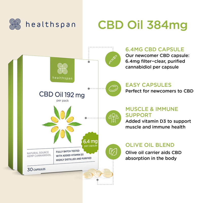Healthspan CBD Oil Capsules 384mg (60 Capsules) | 6.4mg Pure CBD Oil Capsules | 384mg CBD per Pack | Enriched with Vitamin D