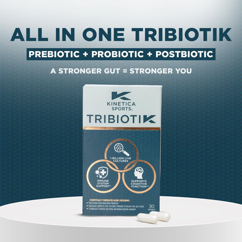Kinetica Sports Tribiotik Probiotic - 30 Capsules | 1 Billion Live Cultures | Bacillus Subtilis DE111® & Fibersol®| Vitamin B6 & Zinc |Gut & Digestion Support | WADA Prohibited Substances Batch Tested