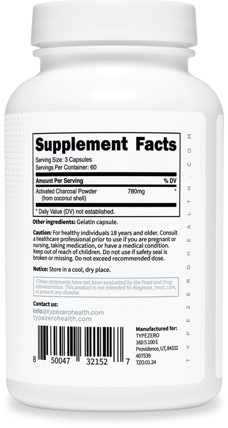 [Australia] - Type Zero Activated Charcoal Capsules (180 Count) - 60 Servings, 780mg Per Serving, from Coconut Shell, Non-GMO, Gluten-Free 