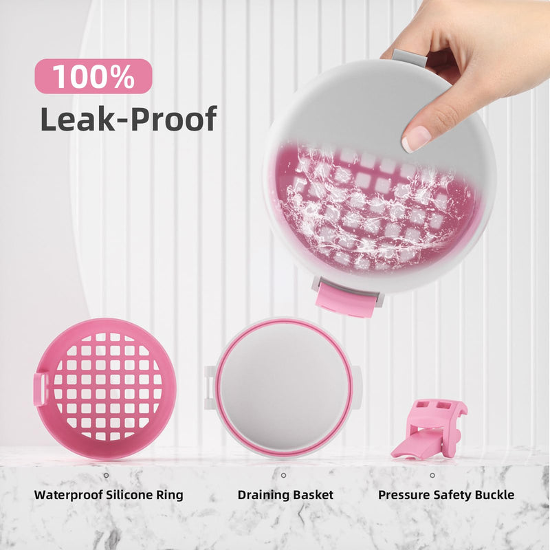 BVN Leak-Proof Denture Bath Cup for Travel, Denture Cup for Soak Dentures, Retainer Cleaning Case with Strainer (White + Pink) White + Pink