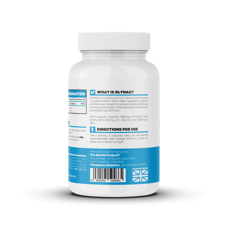 GlyNac 90 Capsules - 1000mg of GlyNac per Serving - 500mg L-Glycine - 500mg N-Acetyl L-cysteine (NAC) - Healthy Aging - Potent Antioxidant - Vegan Friendly - 90 Servings